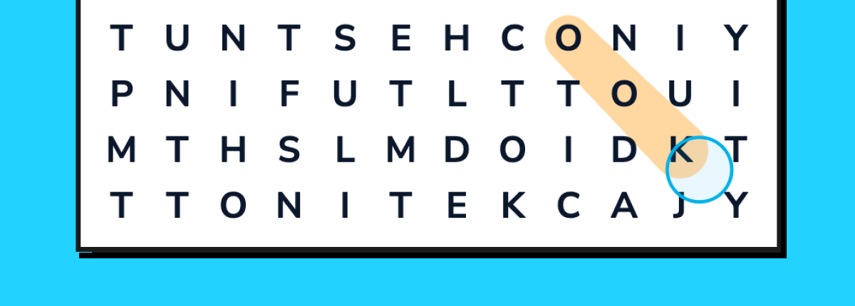 Close-up of a word search grid with a word highlighted diagonally in orange, showing how hidden words can run on a slant through the letter grid.
