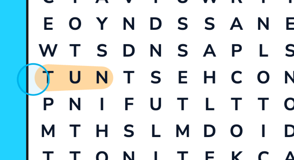 Zoomed-in word search grid tracing the letters T, U, N in orange — the beginning of "chestnut" spelled in reverse — illustrating how to spot backward words.