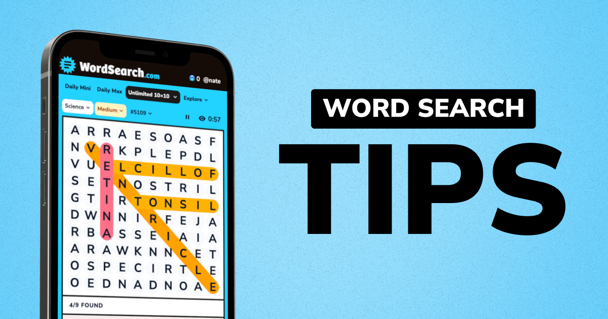 WordSearch.com Unlimited puzzle on a phone with several words highlighted, next to bold text reading "Word Search Tips."