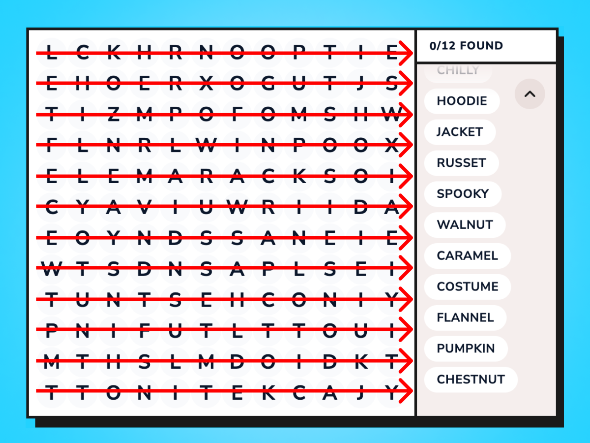 Fall-themed word search with red arrows sweeping across every row, demonstrating a top-to-bottom row-by-row scanning method; the word list shows 0 of 12 found, including Hoodie, Jacket, Pumpkin, and Chestnut.