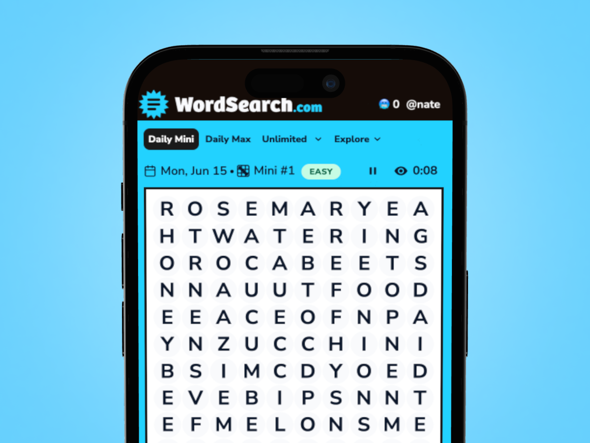 WordSearch.com Daily Mini puzzle on a smartphone showing an easy cooking-themed grid, the date, and a timer running at eight seconds.
